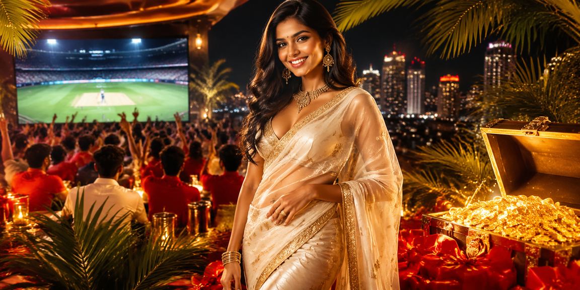 Indian woman in saree enjoying cricket betting outdoors