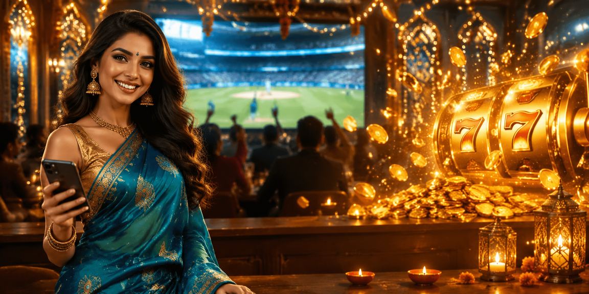 Young Indian female player enjoying Aviator game on mobile in festive attire