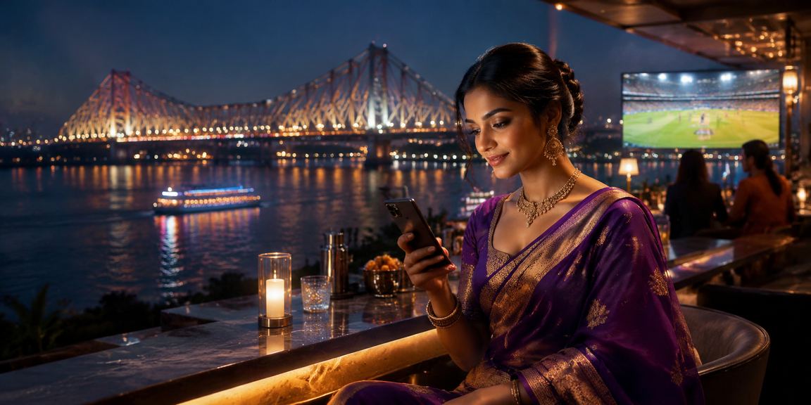 Indian cricket betting enthusiast looking at mobile at Howrah Bridge Kolkata