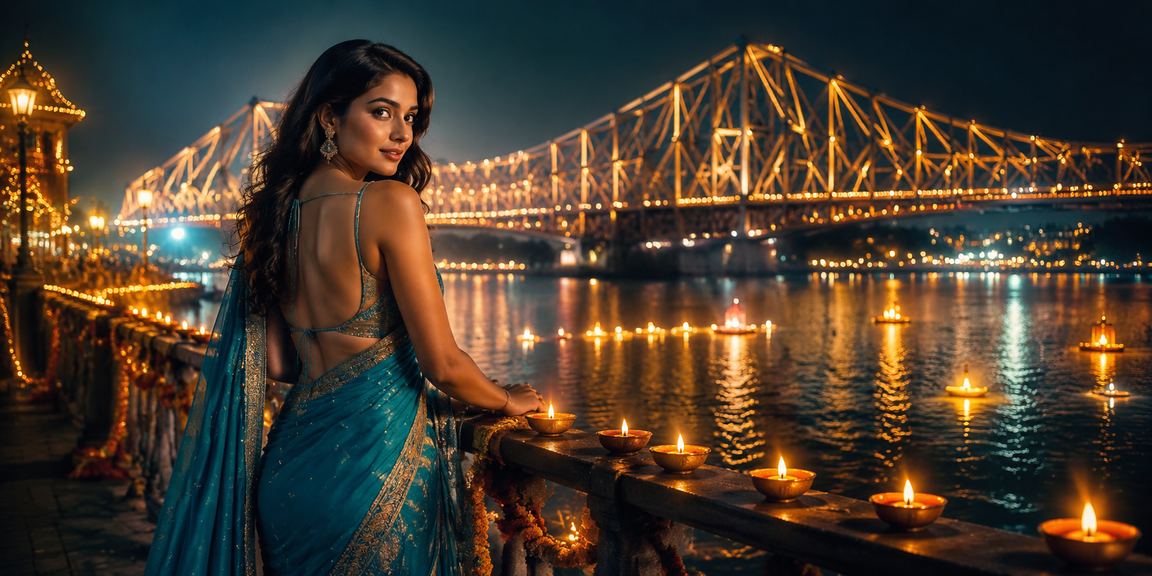 Excited Indian player exploring sports and Aviator betting near Howrah Bridge Kolkata